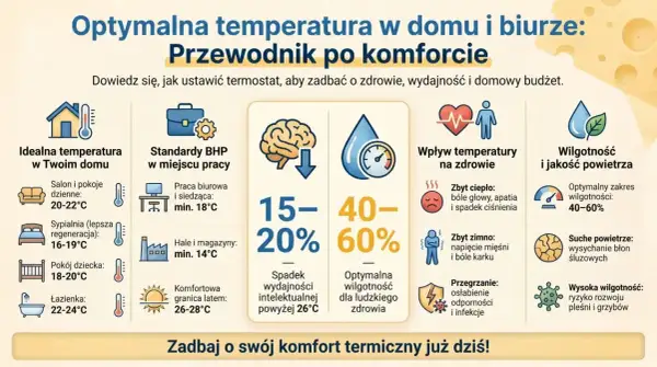 Jaka temperatura w domu jest optymalna? Poradnik pokazuje idealne zakresy dla salonu (20-22°C), sypialni (16-19°C), pokoju dziecka (18-20°C) i łazienki (22-24°C).