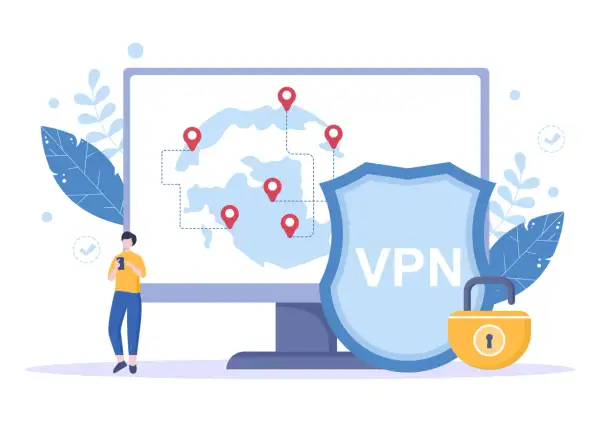 Człowiek z telefonem, mapa z pinezkami, tarcza z napisem VPN i kłódka symbolizują bezpieczeństwo w sieci, idealne dla vpn na telefon.