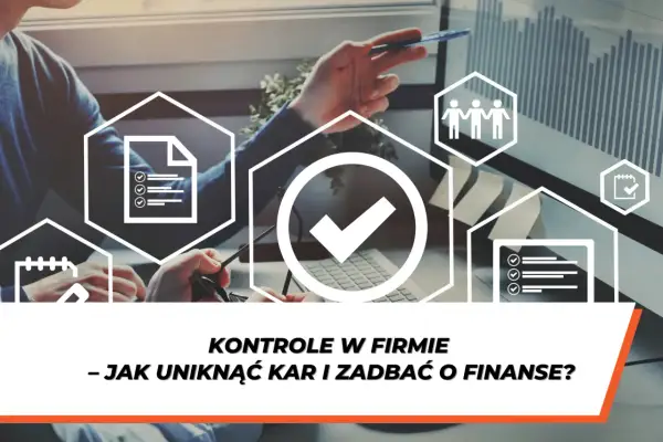 Przedsiębiorca analizuje dane, by uniknąć kontroli i zadbać o finanse. Ikony symbolizują dokumenty, zespół i kalendarz.