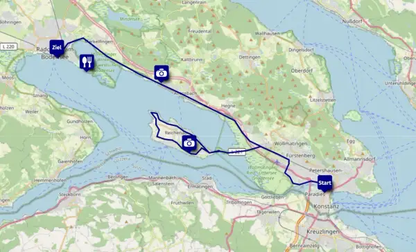 Rennradtour am Bodensee: Start in Konstanz, über Reichenau und Ziel am Radolfzeller See.