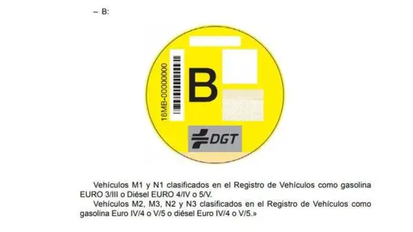 Pegatina DGT con letra B, para vehículos diésel EURO 4/IV o 5/V.