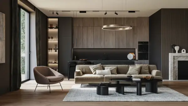 Nowoczesny salon z kuchnią, gdzie polski producent oświetlenia podkreśla elegancję wnętrza.