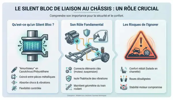 Le silentbloc de liaison au châssis, en caoutchouc, absorbe chocs et vibrations pour le confort et la sécurité. Il maintient la géométrie du train roulant.