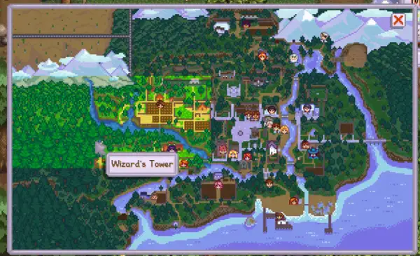Mapa Stardew Valley Expanded z zaznaczonym Wieżą Czarodzieja. Widać farmę, miasteczko i lasy.