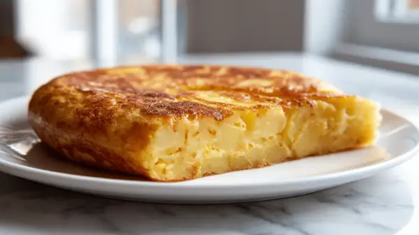Chrupiąca tortilla ziemniaczana z air fryera na białym talerzu.