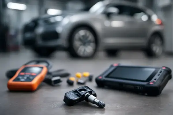 Outil de diagnostic pour réinitialiser pression pneu Clio 4. Capteur TPMS et appareil de programmation sur fond de voiture.