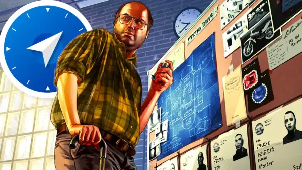 Trevor plant seine nächste Aktion, vielleicht mit Blick auf die GTA 5 Aktien. Ein Bauplan und Fotos von Verdächtigen hängen an der Wand.