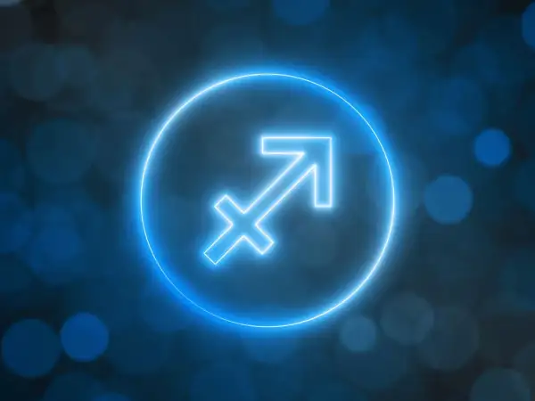 Neonowy symbol Strzelca, kiedyś celny strzał, teraz świeci w ciemności.