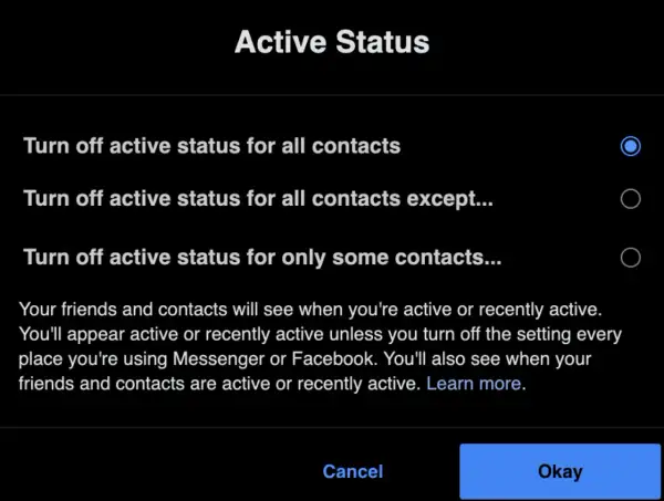 Ustawienia "Aktywny status" na Messengerze. Wybierz, jak ukryć status aktywności na Messengerze: dla wszystkich, dla wszystkich oprócz kogoś, lub dla wybranych.