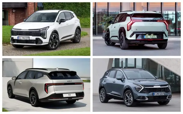 Cztery różne modele Kia: biały SUV z przodu, jasnoszary SUV z tyłu, srebrne kombi z tyłu i szary SUV z przodu.