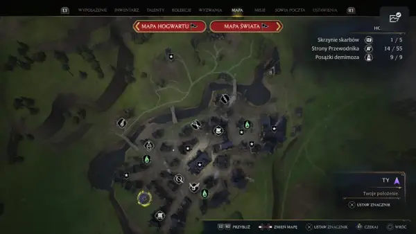 Mapa Hogsmeade z zaznaczonymi miejscami do odkrycia. Widoczne ikony skrzyń skarbów, stron przewodnika i posążków demimoza.