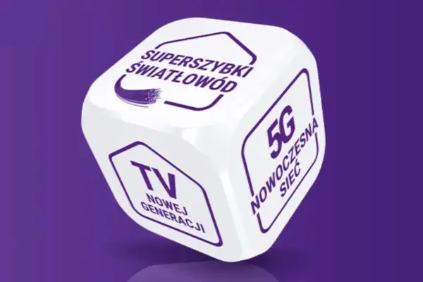 Kostka z napisami: superszybki światłowód, TV nowej generacji, 5G. Szybkie połączenia z infolinią Play to klucz do nowoczesności.