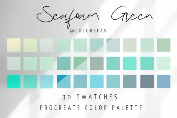 A Procreate color palette featuring 30 swatches in a seafoam color palette, ranging from pale yellow-greens to deep blues.
