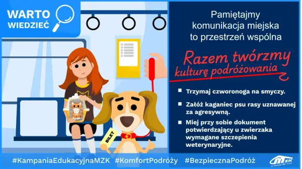 Dziewczyna z kotem w transporterze i pies z biletem w autobusie. Czy pies musi mieć bilet w autobusie? Tak, jeśli podróżuje. #KampaniaEdukacyjnaMZK