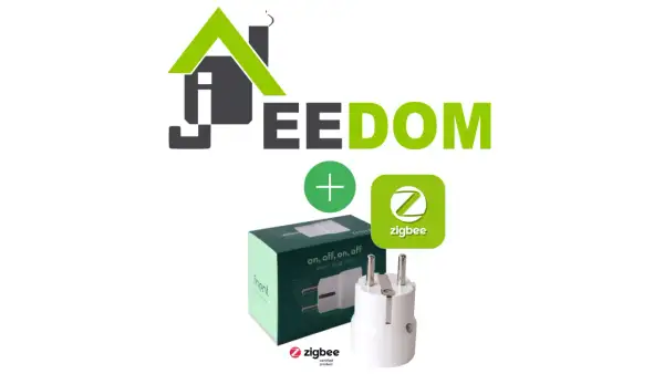 Prise connectée Jeedom Zigbee, avec sa boîte et le logo de la marque.