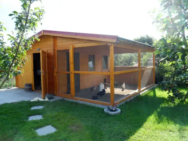 Holz-Gartenhaus mit integriertem Hühnerstall und Freigehege. Hühner picken im Sand, ein Hahn sitzt im Wasserbad.