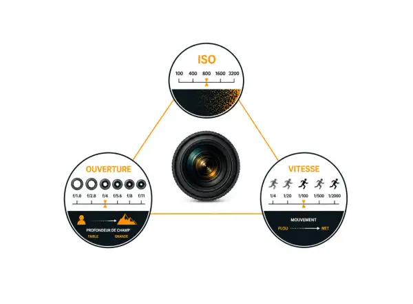 Schéma expliquant la photographie technique : ISO, ouverture et vitesse. Un objectif est au centre, relié à des cercles illustrant ces concepts.