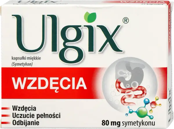 Opakowanie leku Ulgix na wzdęcia, z grafiką układu pokarmowego i molekułą symetykonu.