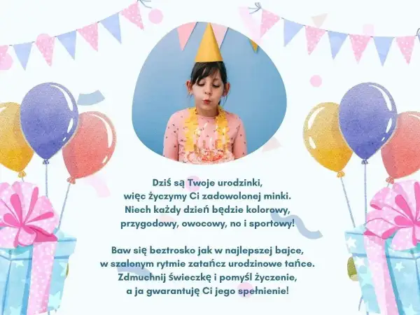 Urodzinowe życzenia dla dziewczynki: dmuchanie świeczek na torcie, balony i prezenty. Niech każdy dzień będzie kolorowy i pełen radości!