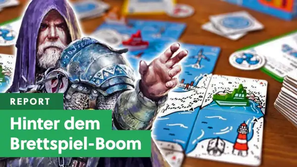 Ein Ritter mit Kapuze und Rüstung blickt auf bunte Karten mit Schiffen und Leuchttürmen. Ein Bericht über den Kickstarter-Brettspiele-Boom.