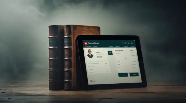 Stare księgi i tablet z aplikacją Swiss Bank. Dowiedz się, jak założyć konto w Szwajcarii, korzystając z nowoczesnych rozwiązań.