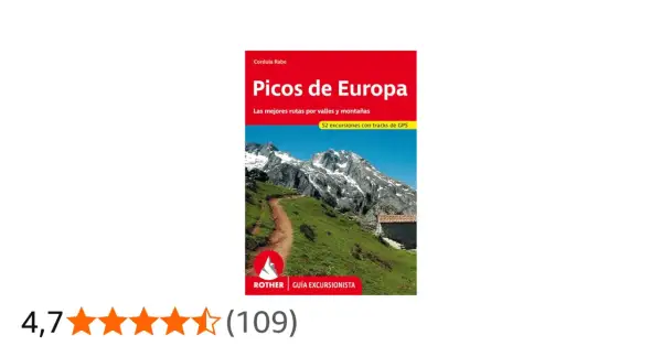 Guía de randonnée Picos de Europa con 52 rutas y tracks GPS. Paisaje montañoso con sendero y casa rural.