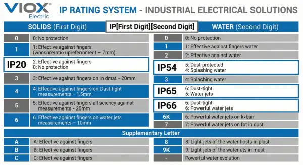 Tableau du système de classification IP VIOX. IP30 indique une protection contre les doigts et aucune protection contre l'eau.