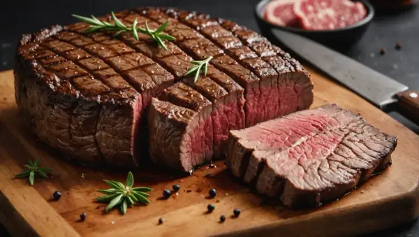 Un délicieux pave de lieu, grillé à la perfection, coupé en tranches rosées, garni de romarin et de grains de poivre sur une planche en bois.