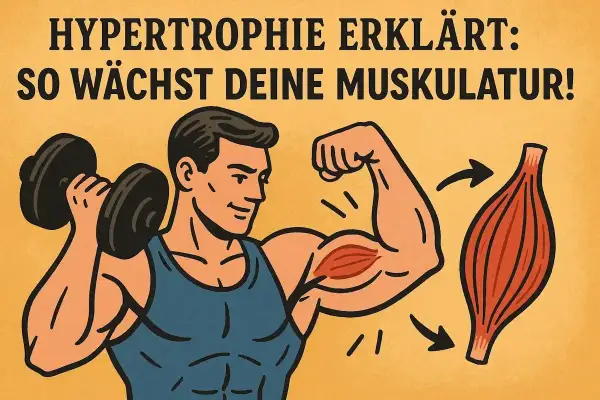 Mann hebt Hantel, zeigt Bizeps. Pfeile zeigen auf Muskel, der wächst. Hypertrophie erklärt: So wächst deine Muskulatur!