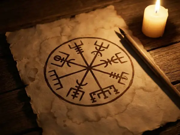 Starożytny symbol vegvisir narysowany na pożółkłym pergaminie, obok świecy i pióra.