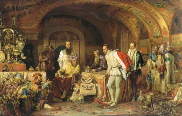 Iwan Groźny i syn w bogato zdobionej komnacie, otoczeni dworzanami i skarbami.