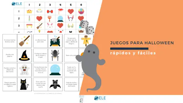Juego de comprensión lectora de Halloween con imágenes de brujas, fantasmas y dados.