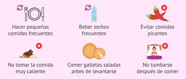 Consejos para aliviar los mareos del embarazo en el primer trimestre: comer poco y a menudo, beber agua, evitar picantes y comidas muy calientes.