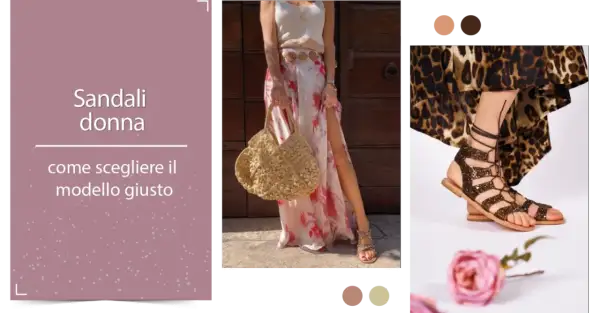 Sandali donna: come scegliere il modello giusto. Un look estivo con sandali multicolor bassi, borsa di paglia e abito floreale.
