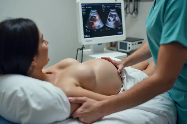 Kobieta na badaniu usg 2 trymestru, lekarz wykonuje badanie USG, na ekranie widać obraz płodu.