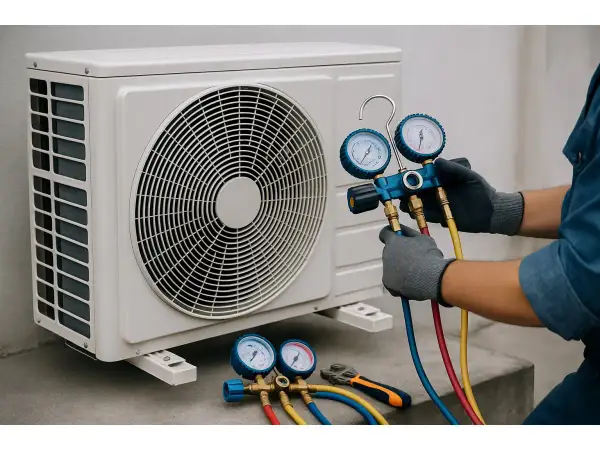 Tecnico controlla la pressione del gas con manometri per capire se manca gas condizionatore.