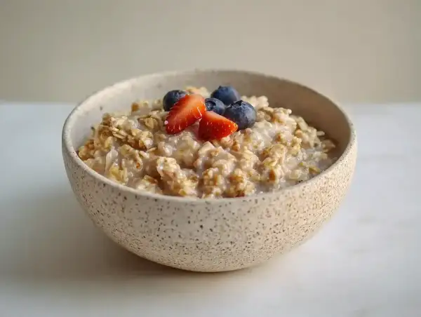 En skål med overnight oats recept, toppad med färska jordgubbar och blåbär. En perfekt start på dagen!