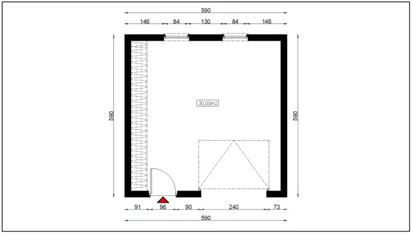 Projekt garażu na zgłoszenie, wymiary 590x590 cm, powierzchnia 30m2. Widok z góry z wymiarowaniem.