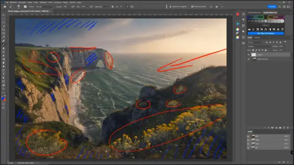 Schermata di Photoshop con un paesaggio di scogliere, evidenziato con segni rossi e blu. Si vedono strumenti di editing e pannelli, inclusi i livelli e i canali, suggerendo un lavoro di fotoritocco con tecniche come il **color dodge**.