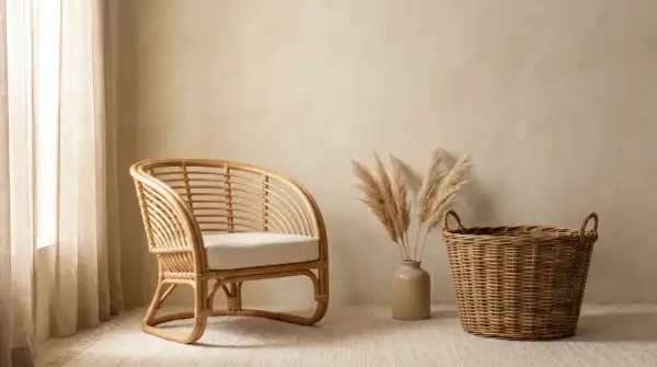 Un fauteuil en rotin naturel, un panier tressé et des herbes de pampa dans un vase. L'idée de peindre du rotin pour un look différent.