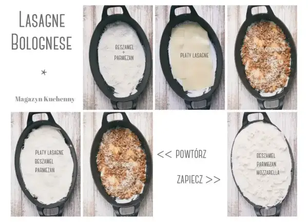Warstwy lasagne bolognese: sos beszamelowy, makaron, sos boloński i parmezan. Powtórz i zapiecz.