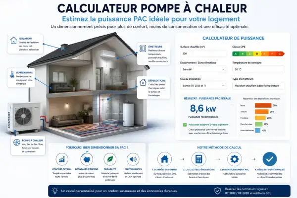 Un schéma illustre le dimensionnement d'une pompe à chaleur pour un logement, prenant en compte isolation, température et déperditions.