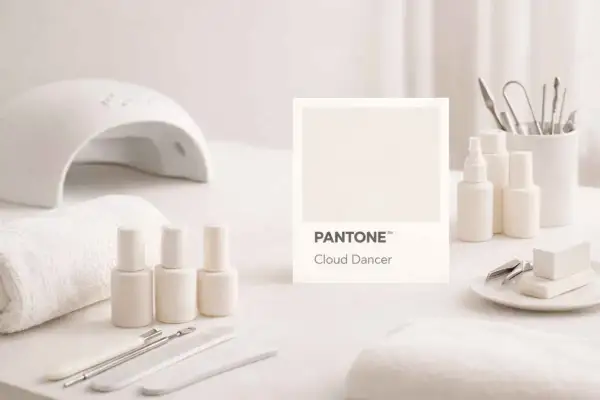Set per manicure con smalti color pantone crema "Cloud Dancer", lampada UV e accessori.