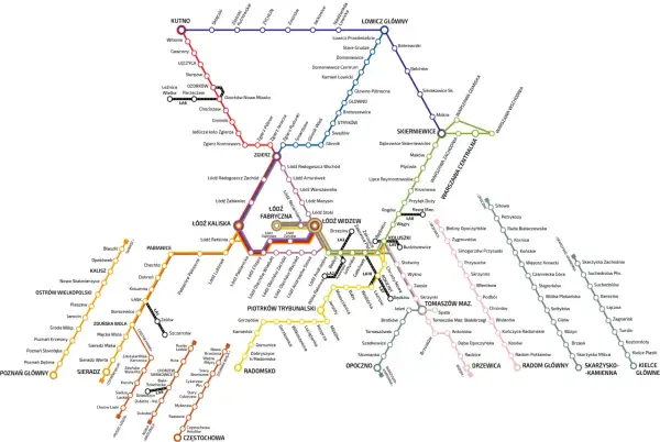 Rozkład jazdy ekspres bus Głowno-Łódź. Mapa linii kolejowych i autobusowych z zaznaczonymi stacjami.
