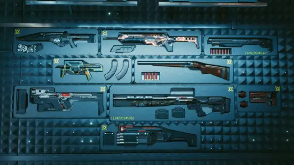 Kolekcja futurystycznych broni z Cyberpunk 2077, w tym karabiny i strzelby, gotowa do walki. To najlepsze bronie, jakie możesz zdobyć.