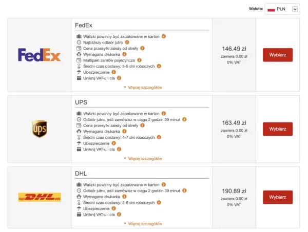 Porównanie cen przesyłek FedEx, UPS i DHL. Wybierz najlepszą opcję dla swoich potrzeb, jak w przypadku brytyjskich linii lotniczych.