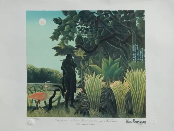 A dark figure plays a flute to a snake by a moonlit jungle river. A pink bird stands nearby. "The Snake Charmer" by Rousseau.