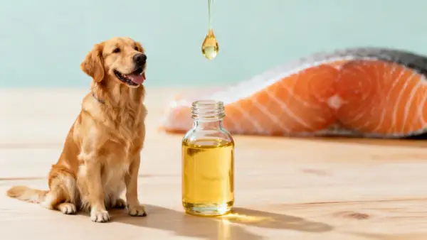 Golden retriever junto a una botella de aceite de salmón, destacando los aceite de salmon para perros beneficios.