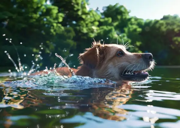 Złoty retriever radośnie pływa w jeziorze, rozpryskując wodę. Czy każdy pies umie pływać? Ten z pewnością tak!