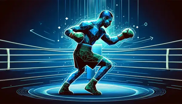 A polygonal boxer in a digital ring, demonstrating boxing footwork with glowing blue lines and arrows.